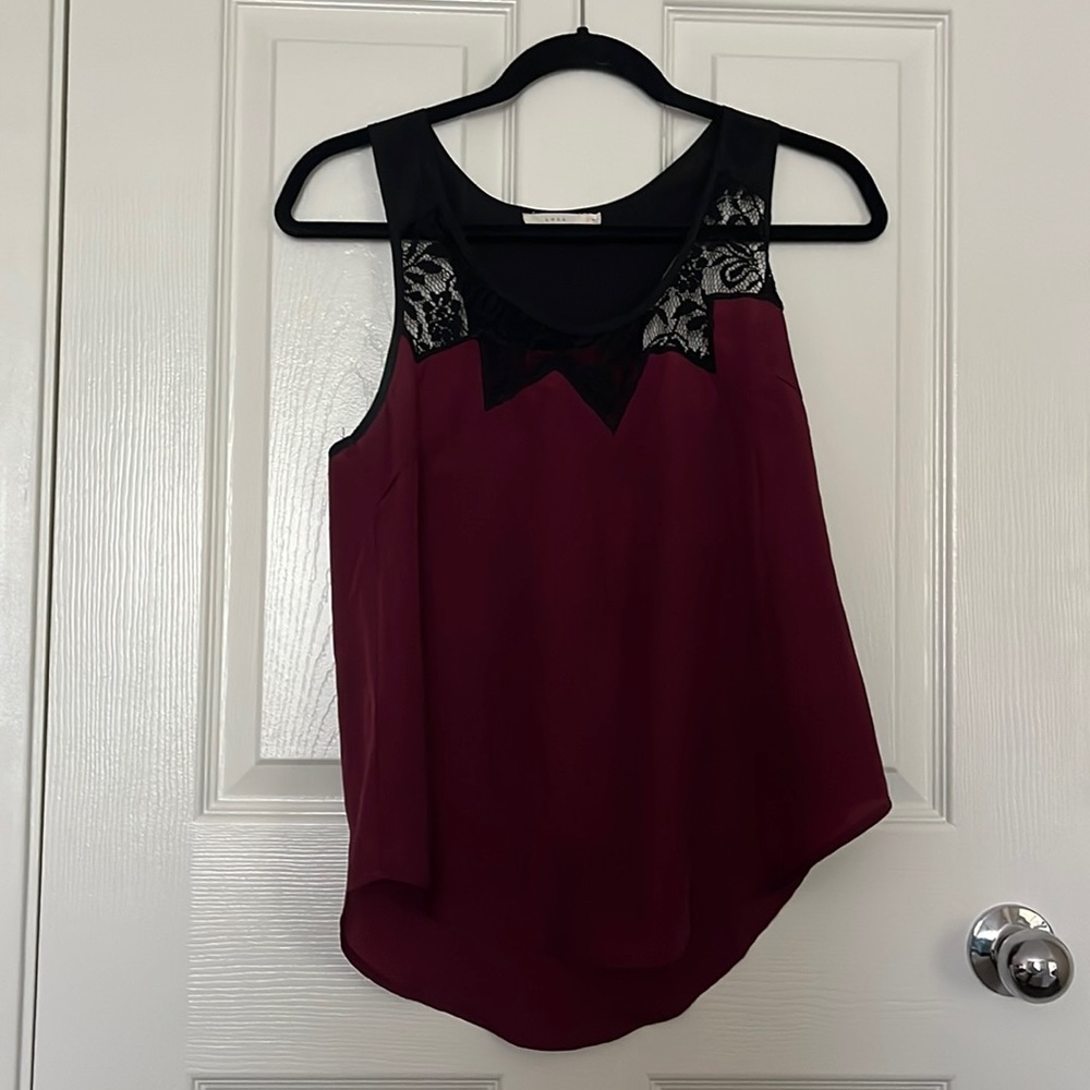 Lush burgundy top with black lace details